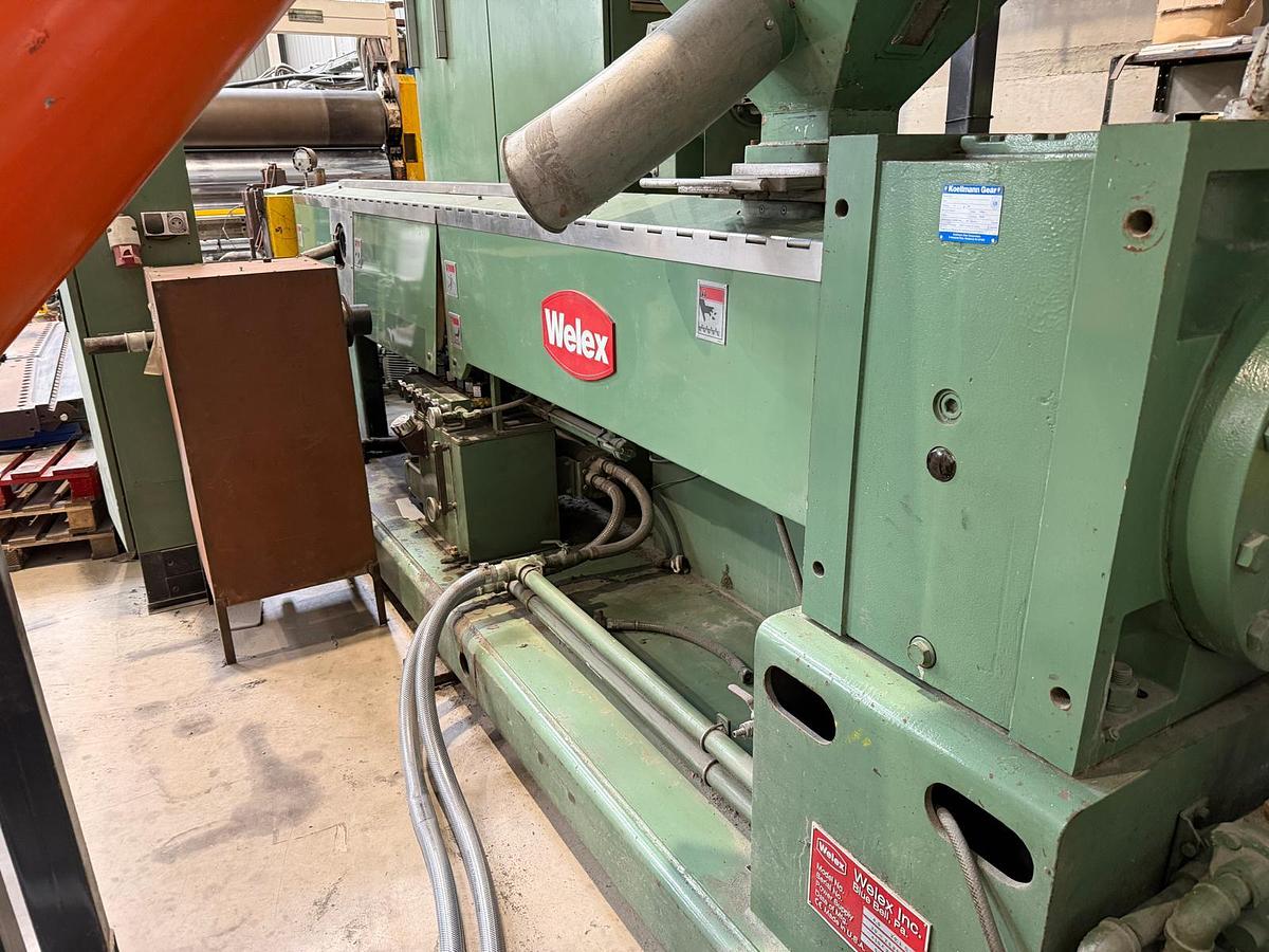 Used 2300mm wide Welex Italproducts sheet line. 120mm extruder, with gear pump and 2300mm die head. 2300mm calender, haul off cross cut saw.