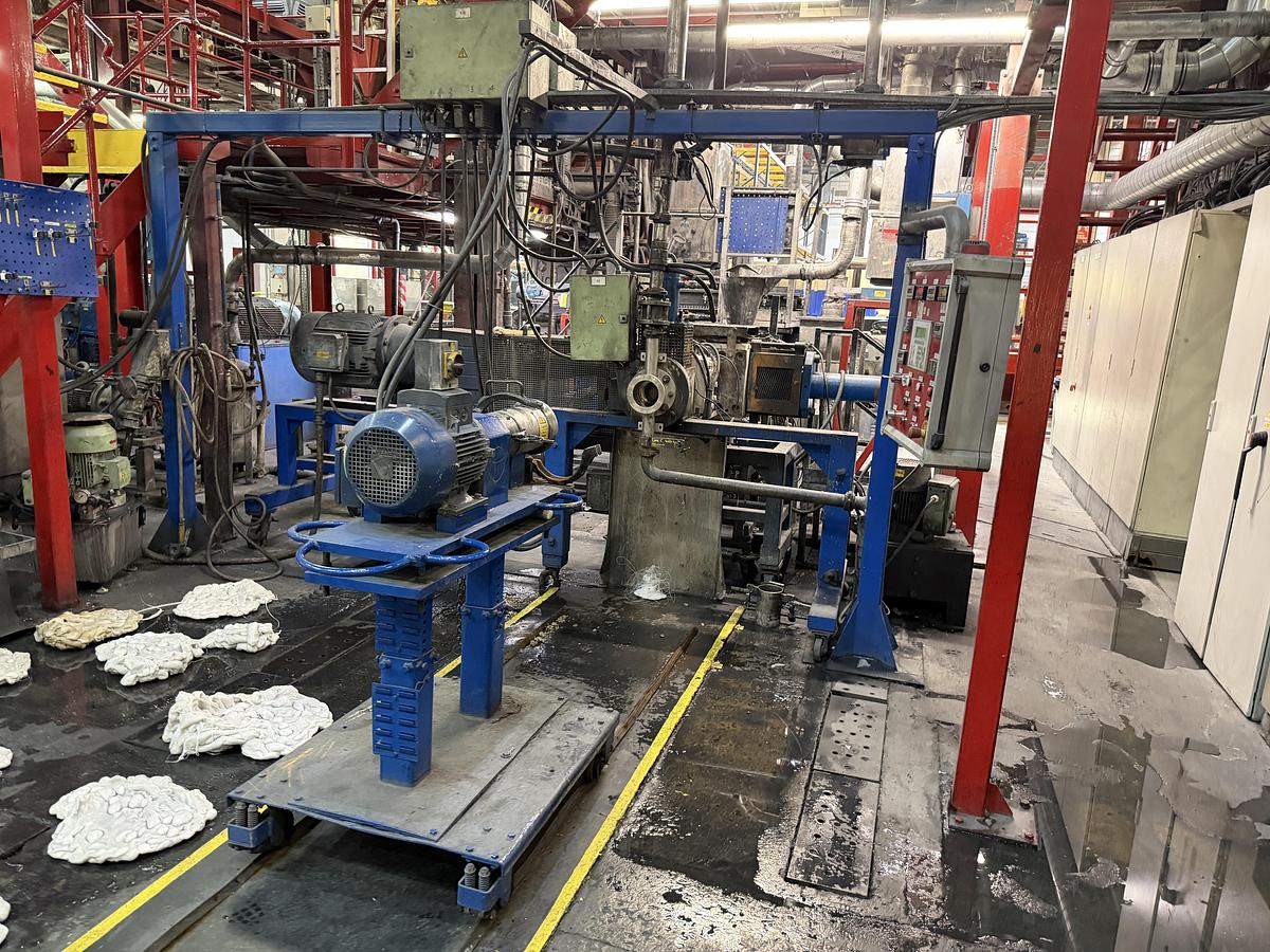 Used 110mm Berstorff model ZE110 A UT 44D twin screw compounding line. 600rpm screws. 1080kw motor. Brabender feeders. Gala EAC model 7