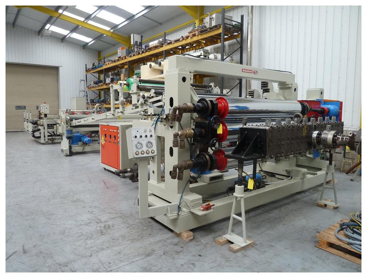Used 1800mm wide Reifenhauser sheet extrusion line. 120mm Reifenhauser extruder, melt pump, 1700mm die, 3 roll stack, pump group, haul off, cross cut saw.