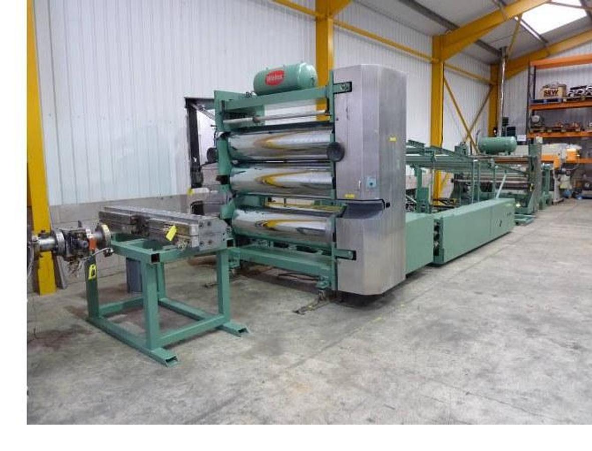 Used 1650mm Welex extrusion line, 90mm Welex extruder, Gear pump, 1500mm die, 1650mm 3 roll vertical stack, pump group, haul off, Guillotine or winder