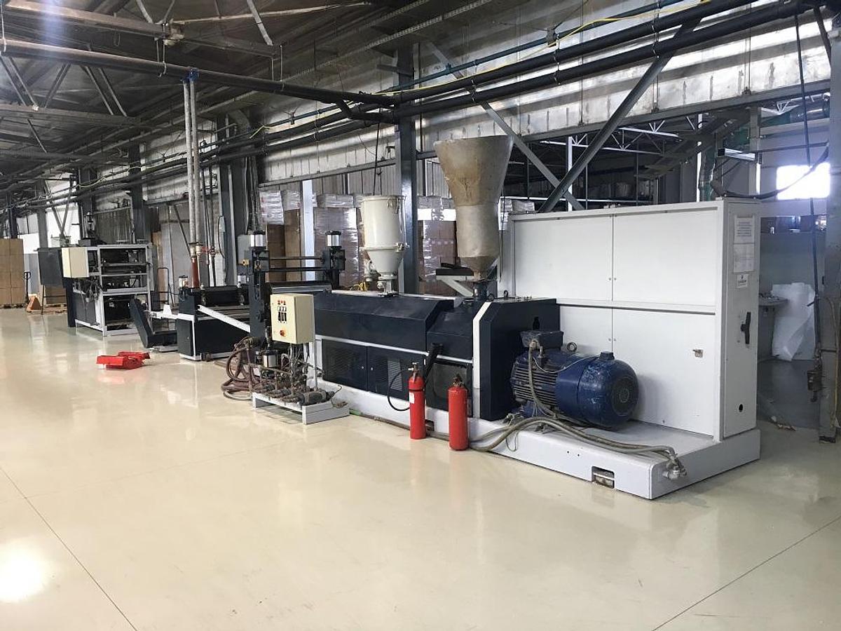 Used 900mm Wide Meaf Coextrusion Sheet Line With 75mm, 50mm Coextruder. 900mm Die, 900x300mm 3 Roll Stack, Pull Rolls, Edge Trim Knives, 2 Station Winder 2002