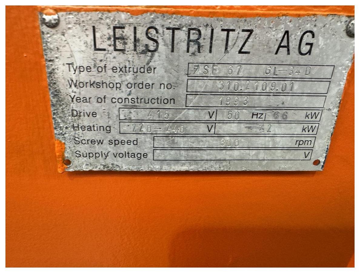 Used 67mm Leistritz Model ZSE67 GL 34D Twin Screw Extruder. 75kw Motor 300 Rpm Max Screw Speed. Double Vented With Control Panel. 1993