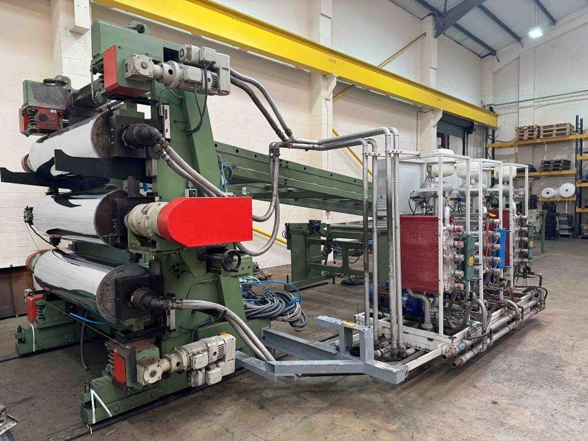 Used 1800mm Wide Kuhne Coextrusion Sheet Line. 150mm, 70mm, 45mm Extruders, Edi Die, 1800mm X 500mm Diameter Roll Stack, Haul Off Guillotine 1995
