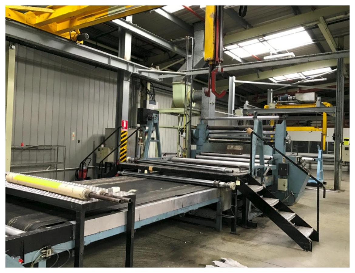 Used 2200mm wide Pla Ma PP foam flame laminator with dual unwind, heat pressure lamination, accumulator and contact winder