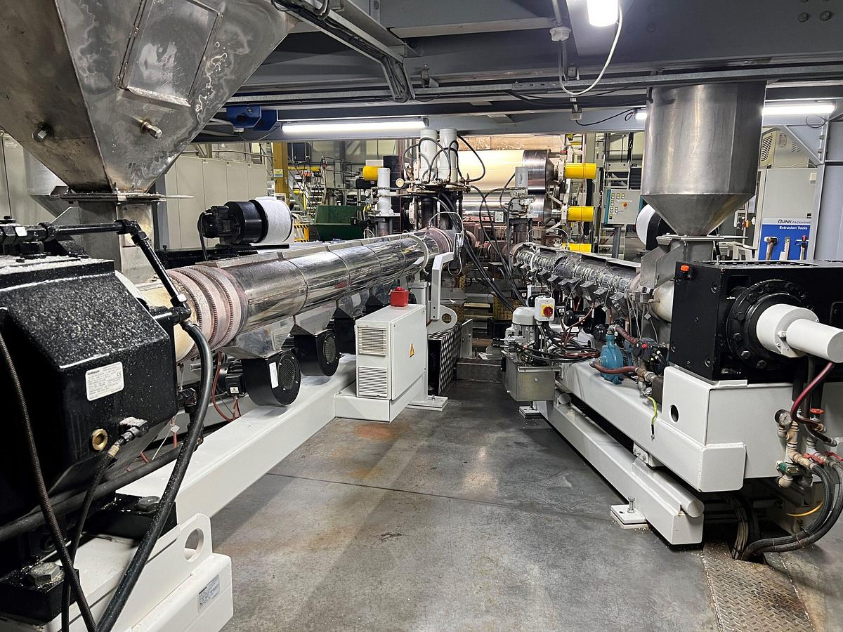 Used 1200mm Wide SML Coextrusion PP Sheet Line With 105mm Extruder + 2 x 75mm Coextruders, 1300mm Die, 1400mm Calender, Haul Off Winder 1200kg/hr 2007