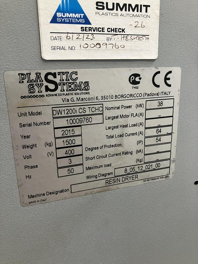 Used 2000 litre Plastic Systems insulated hopper model H2000 with Desiccant dryer model HBD27. 2015