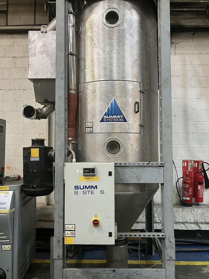 Used 2000 litre Plastic Systems insulated hopper model H2000 with Desiccant dryer model HBD27. 2015