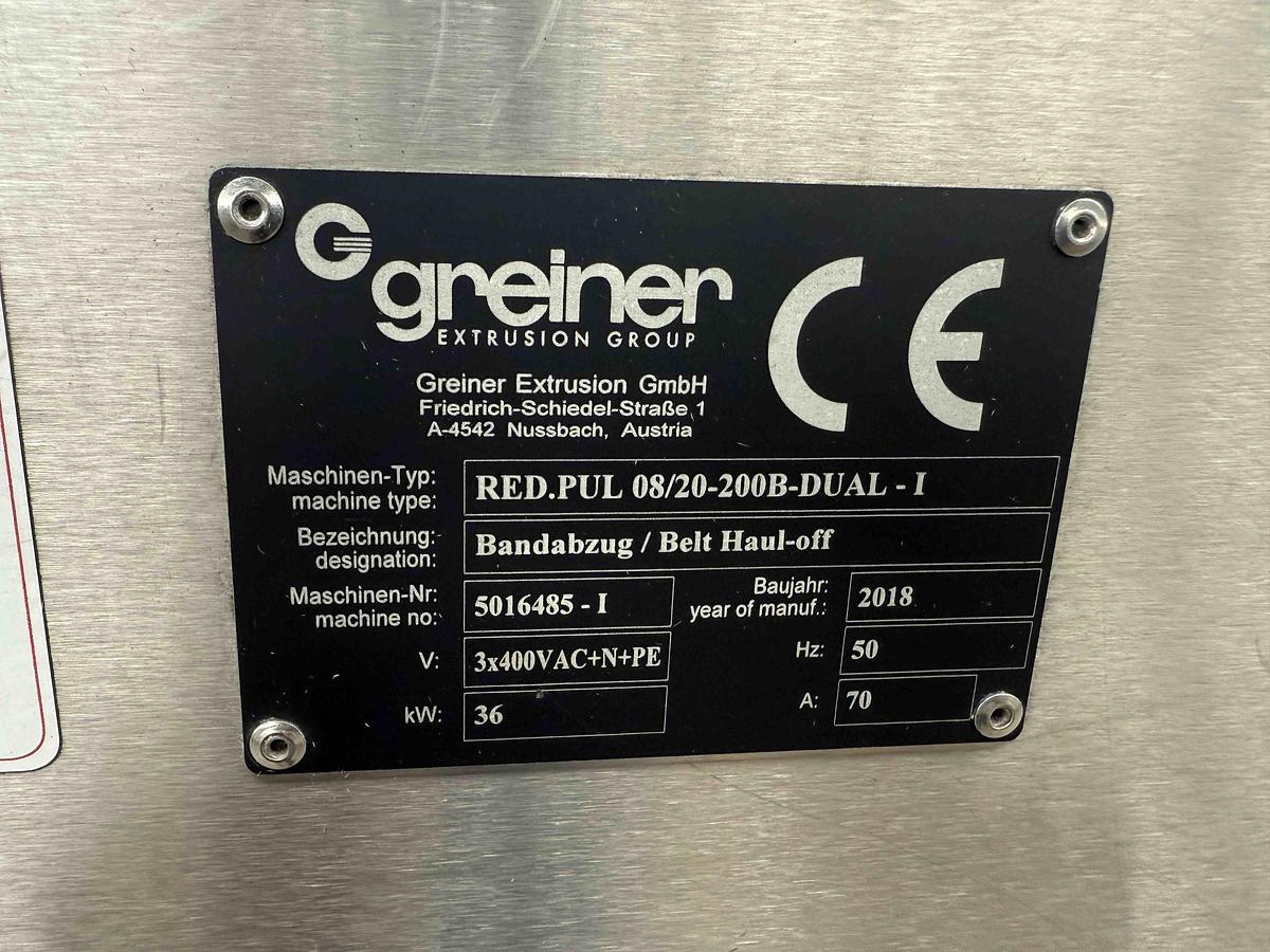 Used 200mm wide Greiner model RED.PUL 08/20-200B-DUAL-II Dual Pull Haul Off Unit. 2018