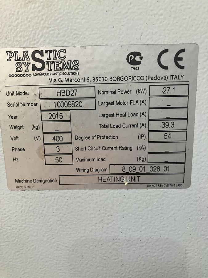 Used 600 litre Plastic Systems dehumidifying dryer with 180m3/hr rotor wheel drying system. 2015