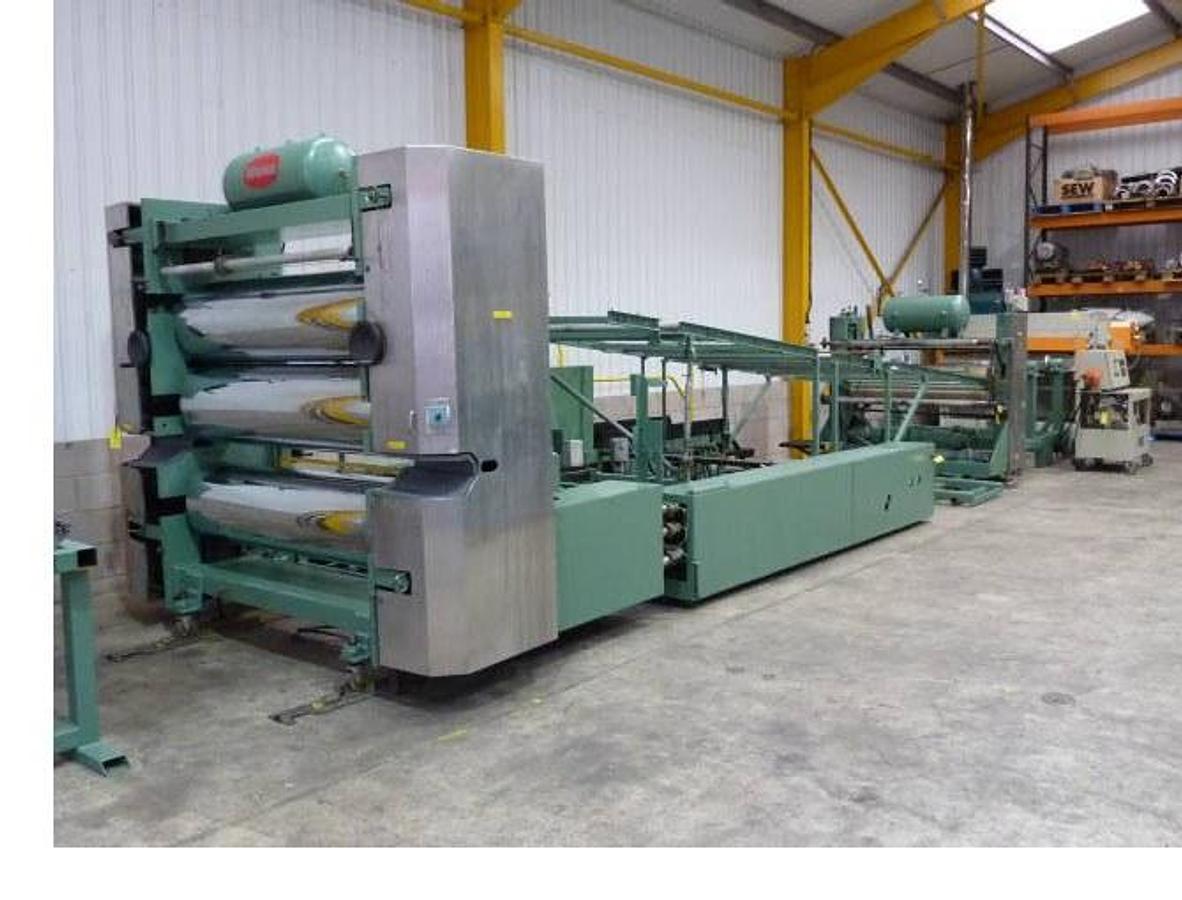 Used 1650mm Welex extrusion line, 90mm Welex extruder, Gear pump, 1500mm die, 1650mm 3 roll vertical stack, pump group, haul off, Guillotine or winder