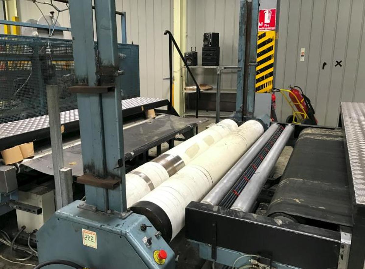 Used 2200mm wide Pla Ma PP foam flame laminator with dual unwind, heat pressure lamination, accumulator and contact winder