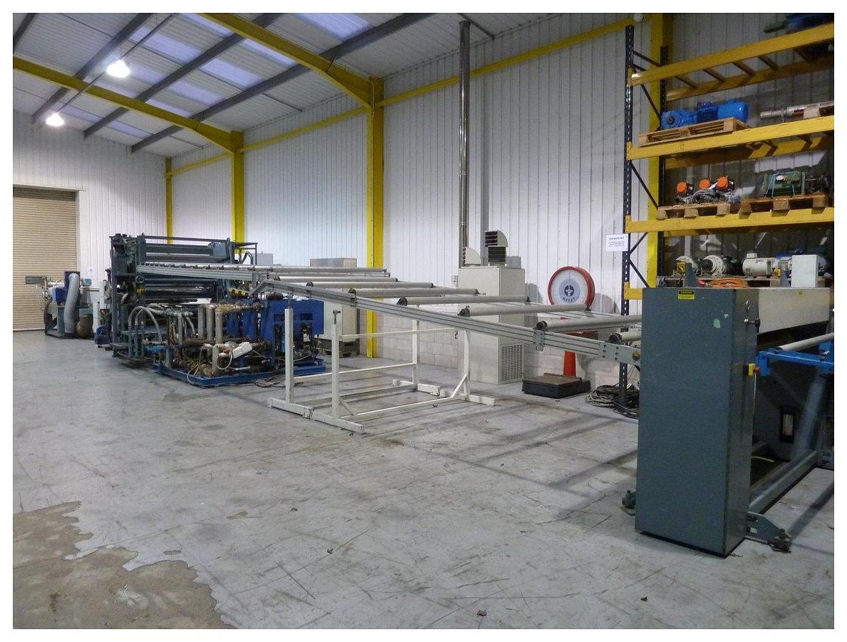 Used 1750mm wide Battenfeld sheet extrusion line. 120mm extruder, Extrex  pump,  1750mm FastGap die, 1750x400mm 3 roll stack, haul off, guillotine Spare rolls 1997