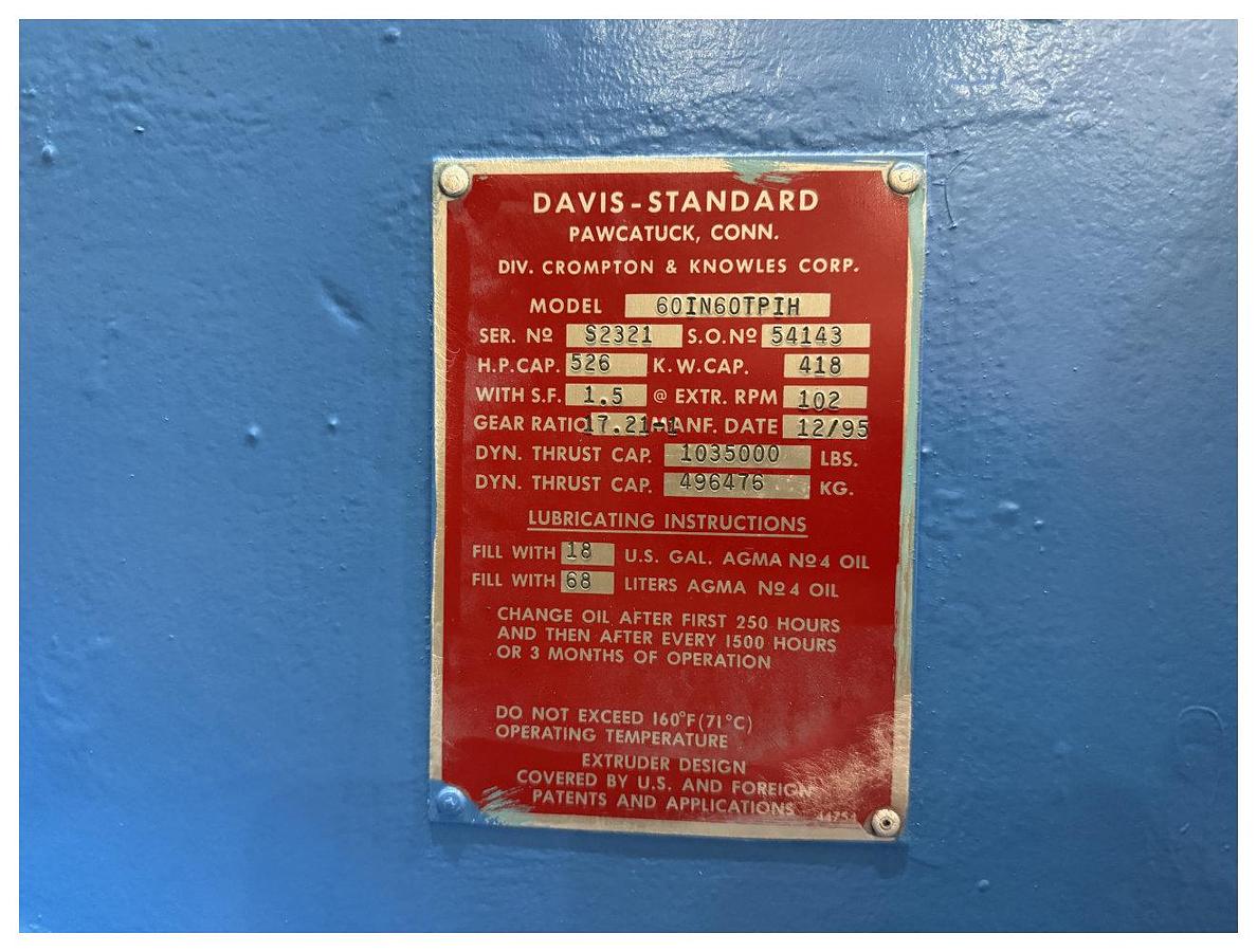 Used 150mm Davis Standard single screw extruder model 60IN60TPIH. Double vented, water cooled. 42D, 375kw dc motor,90/90 22kw gear pump. 102 RPM screw 1996
