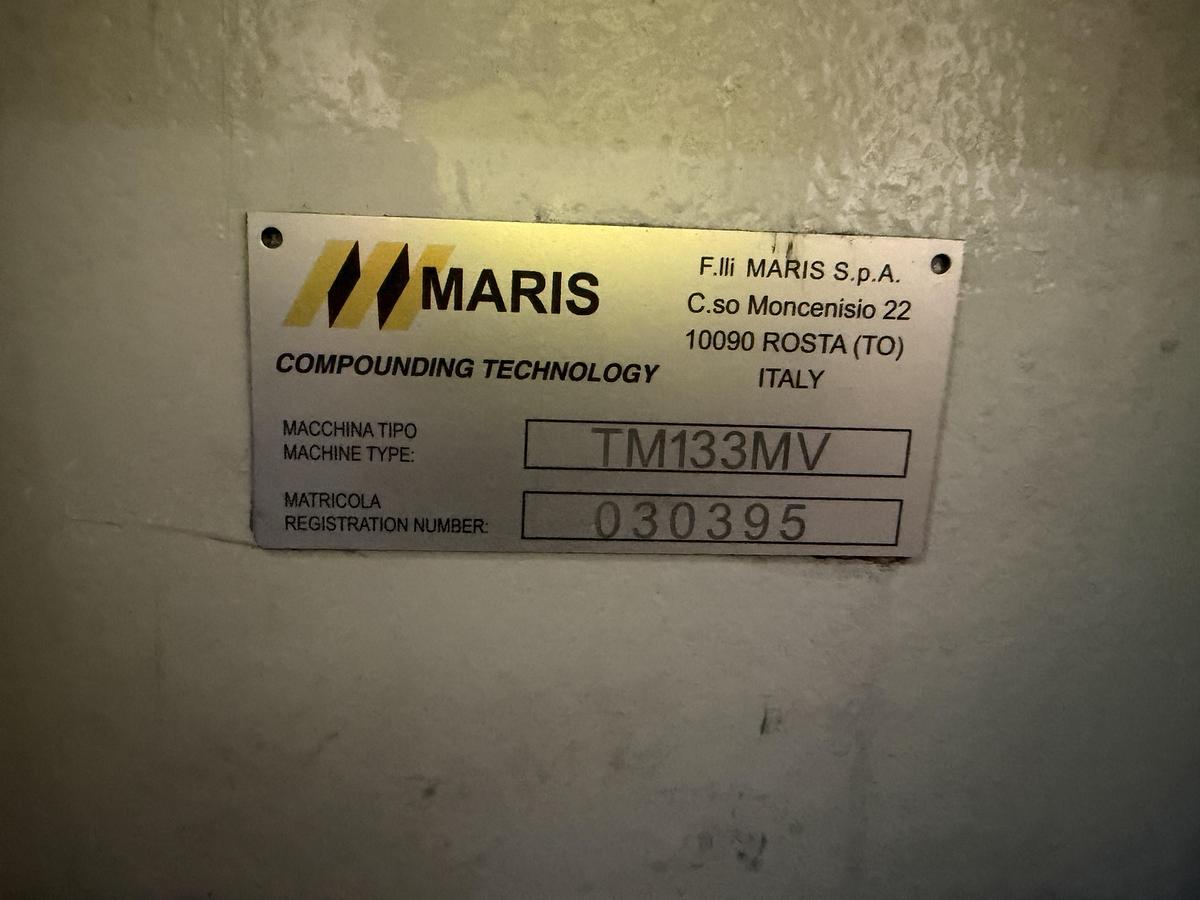 Used 130mm Maris TM133MV twin screw compounding line. 340rpm max. 710kw motor. Gala Model 7 underwater pelletiser. Ktron feeders
