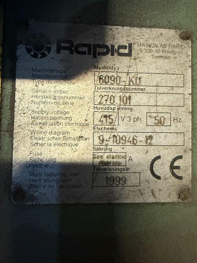 Used 900mm X 600mm Rapid Model 6090-KU With Fan And Dual Station Cylone And Bag Stand 1999. 5 Blade Rotor. Soundproofed.