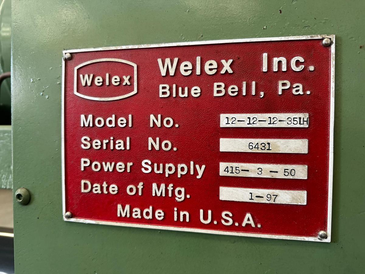 Used 890mm x 300mm Welex 3 roll polishing stack with pump group, and haul off. Silent chain driven rolls, pneumatic nip, 97
