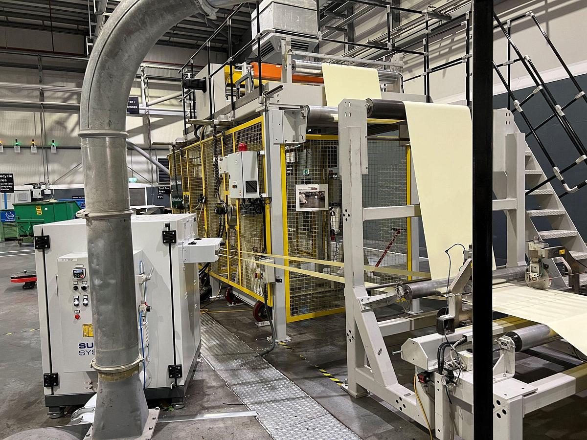 Used 1200mm Wide SML Coextrusion PP Sheet Line With 105mm Extruder + 2 x 75mm Coextruders, 1300mm Die, 1400mm Calender, Haul Off Winder 1200kg/hr 2007