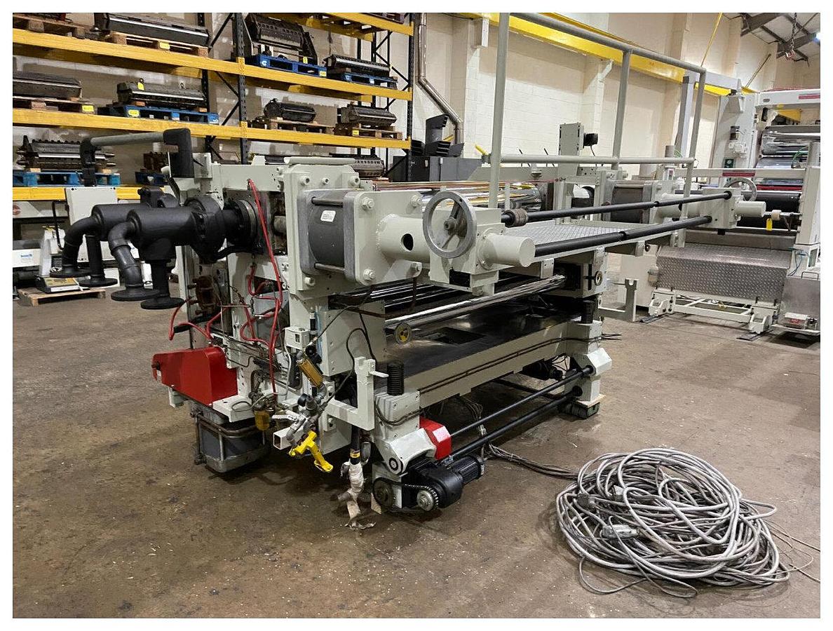Used 1850mm wide Breyer 3 Roll Polishing Stack. 300mm diameter. Individual roll drives with planetary gearboxes. 6 x Spare rolls ( 5 chrome + 1 Matt). 3kw ac motors