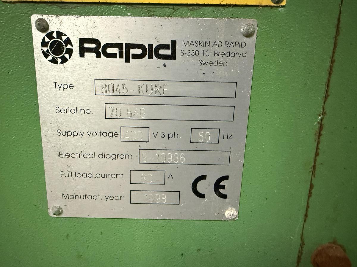 Used 800mm wide Rapid GK8045 KURF granulator with 45kw motor and 5 blade rotor. Nip rolls. Soundproofed with upgraded control panel 1995