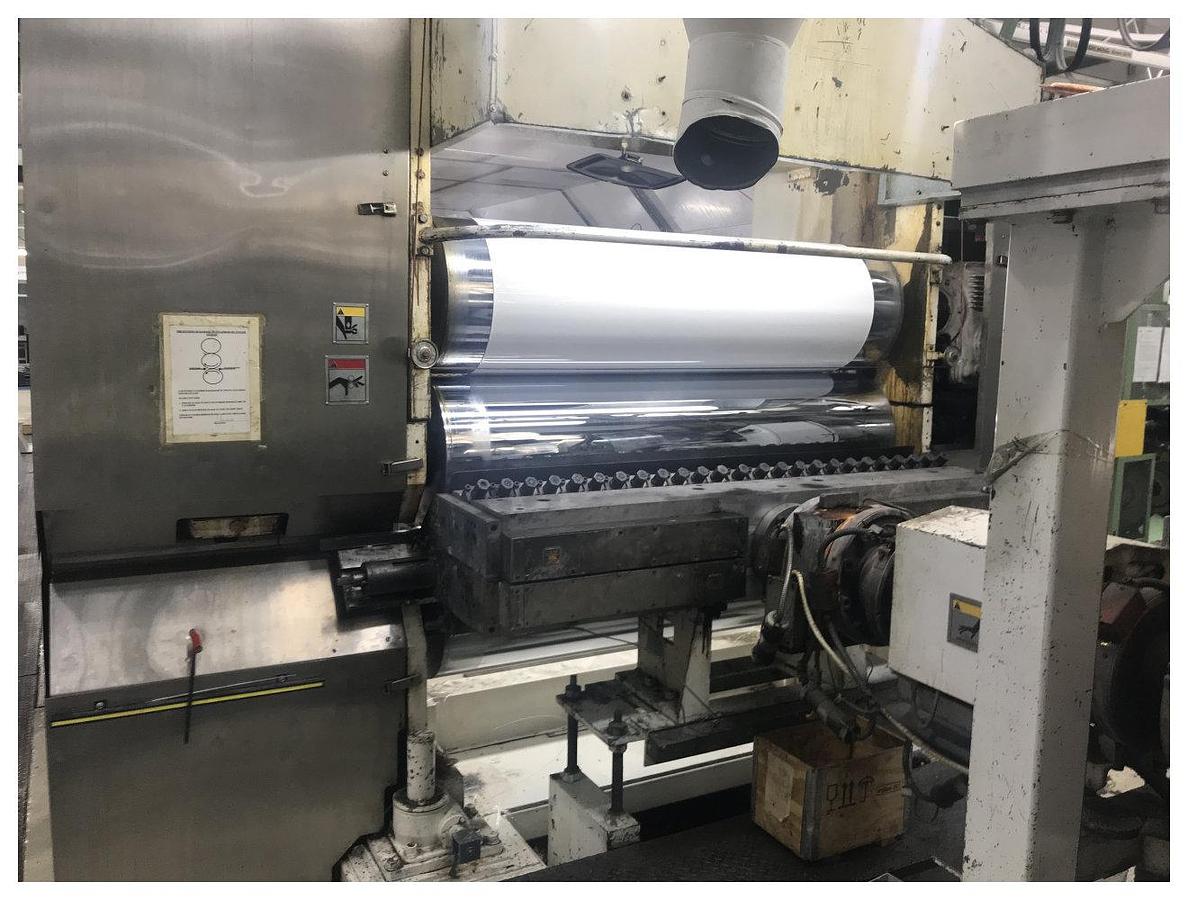Used 1670mm wide Welex coextrusion sheet line with 120mm, 63mm Welex extruders, ABC feedblock 1700mm die, 1650mm roll stack, pump group, haul off guillotine