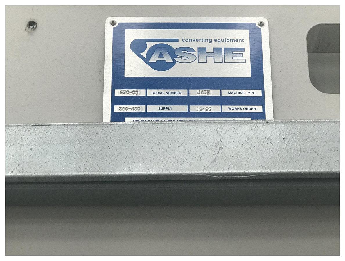 Used 2030mm wide Ashe slitter rewinder with max mill roll of 1200mm. 450mpm max speed 254mm minimum slit. Shaftless unwind. Centre/Centre surface rewind 2008