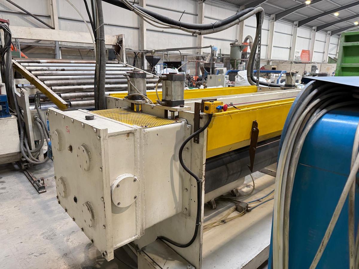 Used 2300mm wide Welex Italproducts sheet line. 120mm extruder, with gear pump and 2300mm die head. 2300mm calender, haul off cross cut saw.