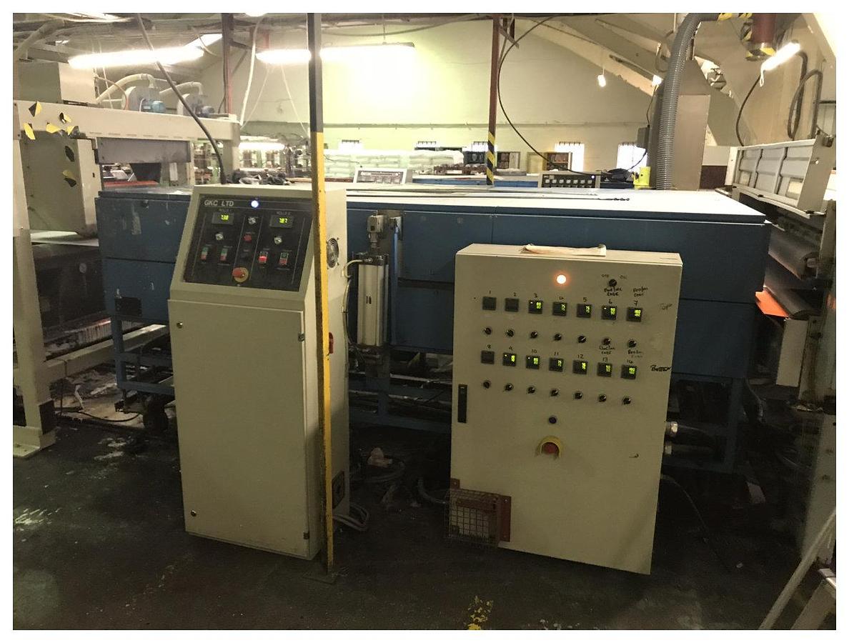 Used 1250mm Wide Kweenb Rossi Stampi twinwall PP Line; 120mm Extruder, G/pump, Die, Calibrator, hauloff, Oven, H/Off, Treater, Nip Roll, Guillotine, Grinder.Yr2007