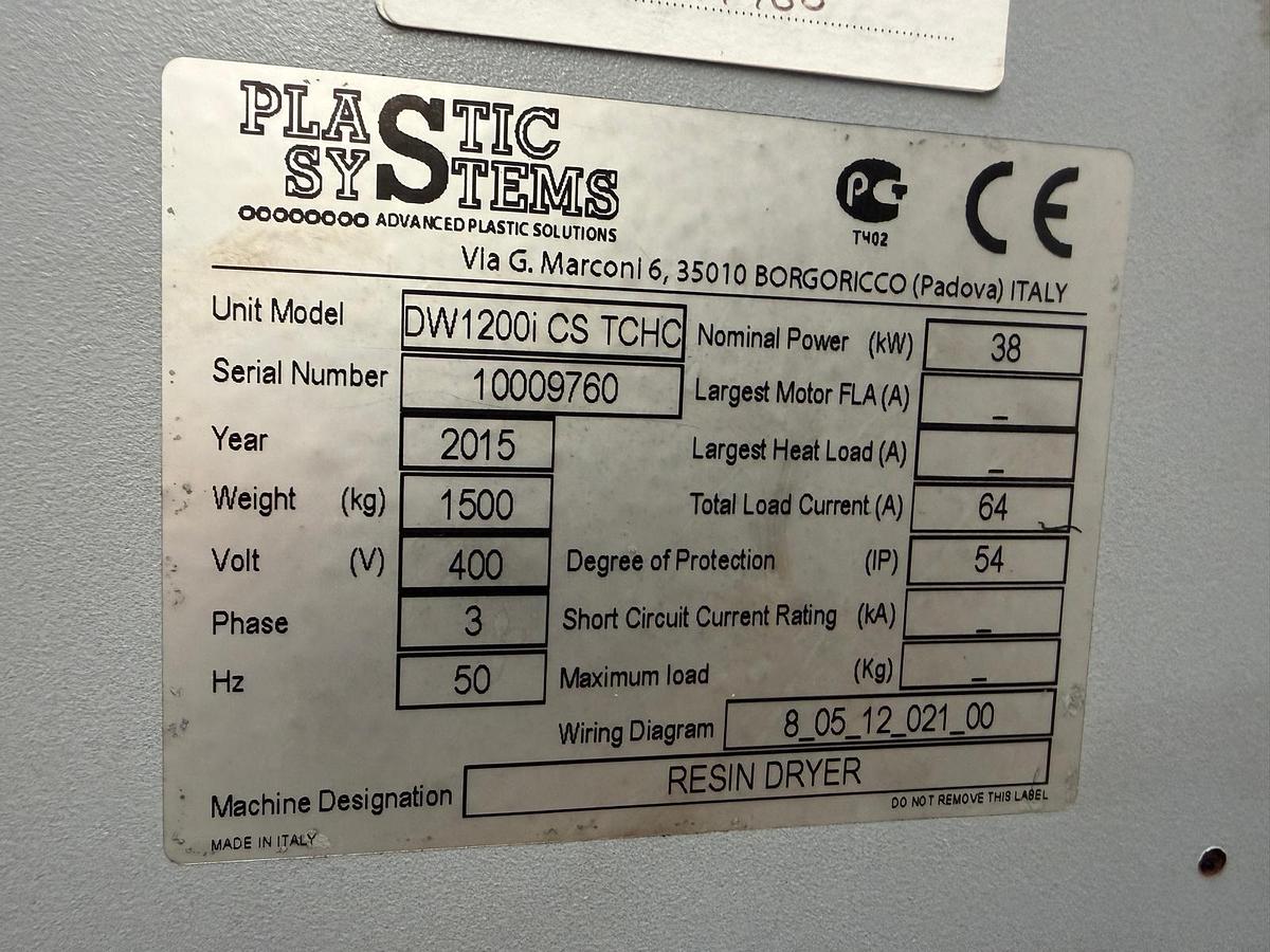 Used 2000 litre Plastic Systems insulated hopper model H2000 with Desiccant dryer model DW1200i CS TCHC