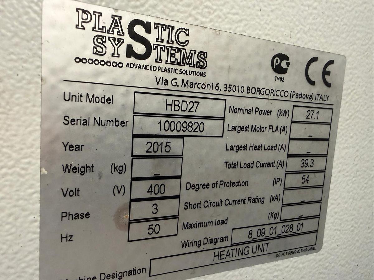 Used 2000 litre Plastic Systems insulated hopper model H2000 with Desiccant dryer model DW1200i CS TCHC
