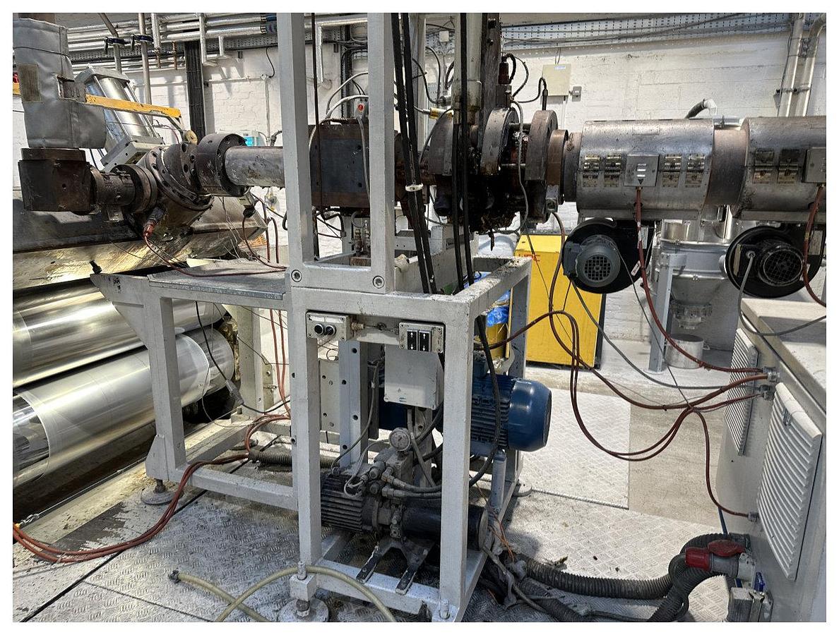 Used 1200mm Wide Diamat Coextrusion Sheet Line With 125mm and 70mm Extruders, 1200mm Calender, Edge Trim, Haul Off accumulator 4 Station Winder 2000