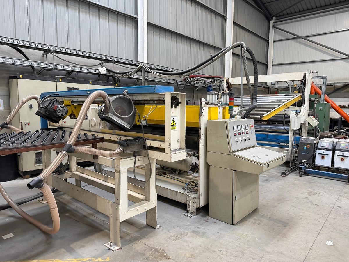 Used 2300mm wide Welex Italproducts sheet line. 120mm extruder, with gear pump and 2300mm die head. 2300mm calender, haul off cross cut saw.
