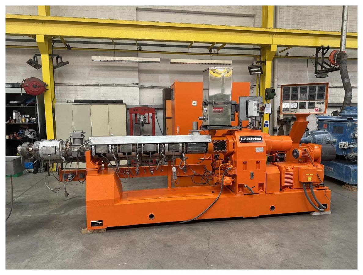 Used 67mm Leistritz Model ZSE67 GL 34D Twin Screw Extruder. 75kw Motor 300 Rpm Max Screw Speed. Double Vented With Control Panel. 1993