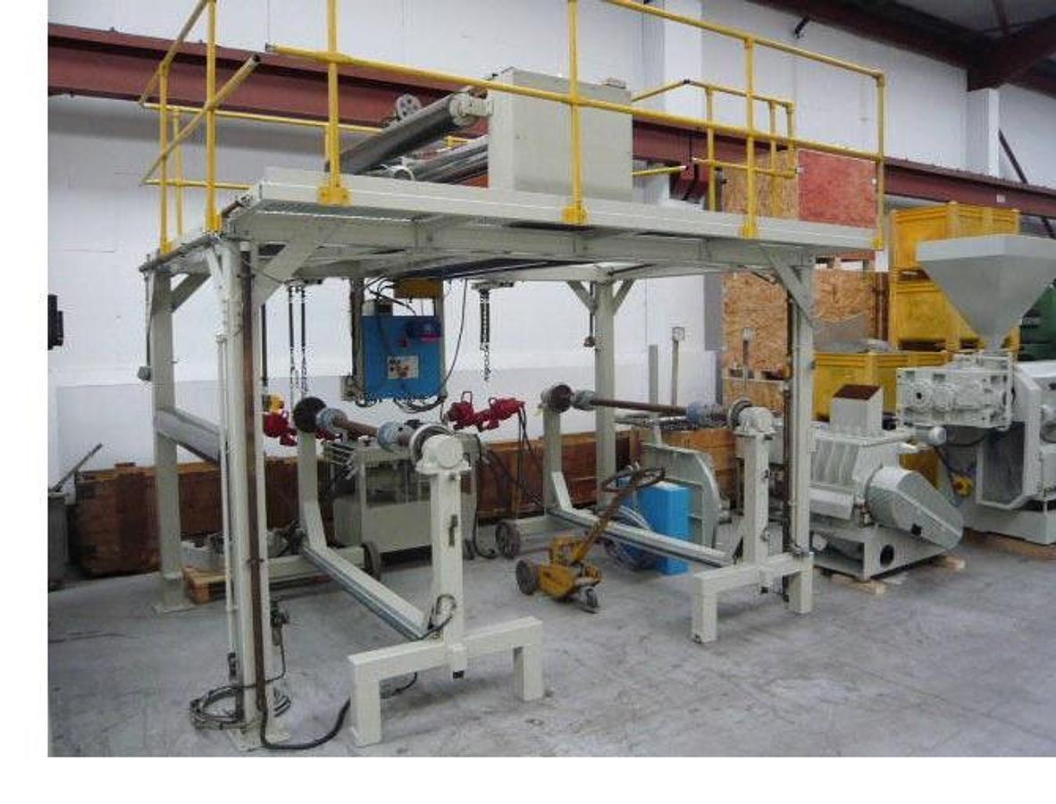Used 1860mm wide Krauss Maffei Omipa sheet extrusion line. KMD130 Krauss Maffei extruder, 1800mm wide Omipa 3 roll stack, haul off, 2 station winder 1990