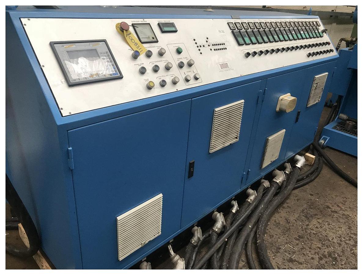 Used 1500mm Wide Omipa Union Single Screw Sheet Extrusion Line. 100mm Union single screw extruder, 1500mm die, 1500mm Omipa roll stack, pumps. Haul off
