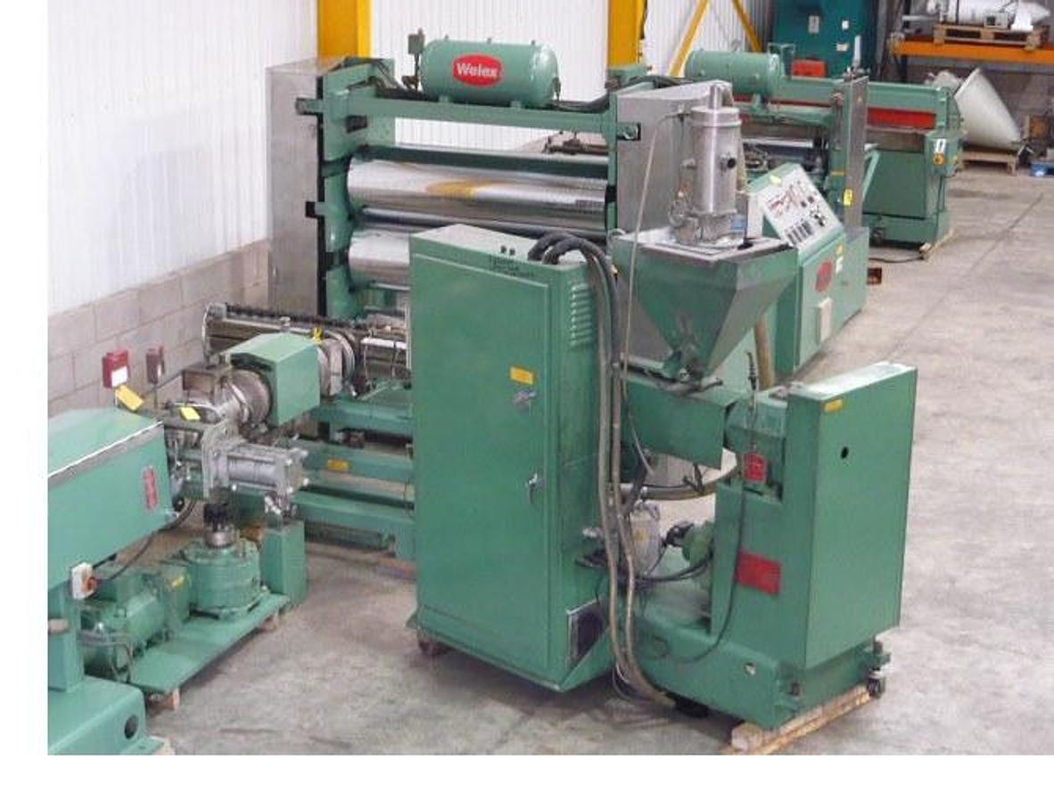 Used 1650mm Welex Co extrusion Line.115mm main extruder, 50mm co-extruder, Gear pump, 1650mm EDI R75 die. 1650mm 3 roll vertical stack, haul off, guillotine. 1987