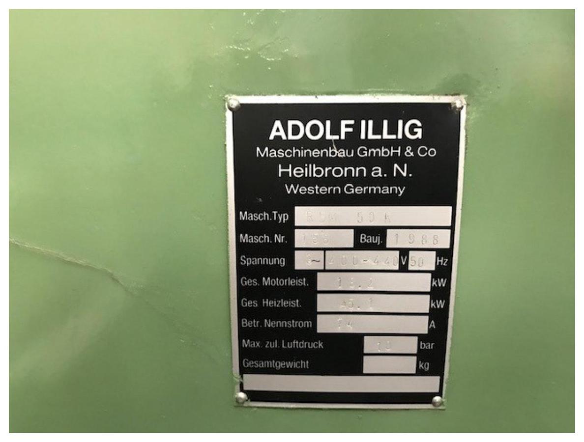 Used 500 x 280mm Illig Model RDM 50K pressure forming machine with mechanical plug,. Illig stacker. 125mm max draw 1988