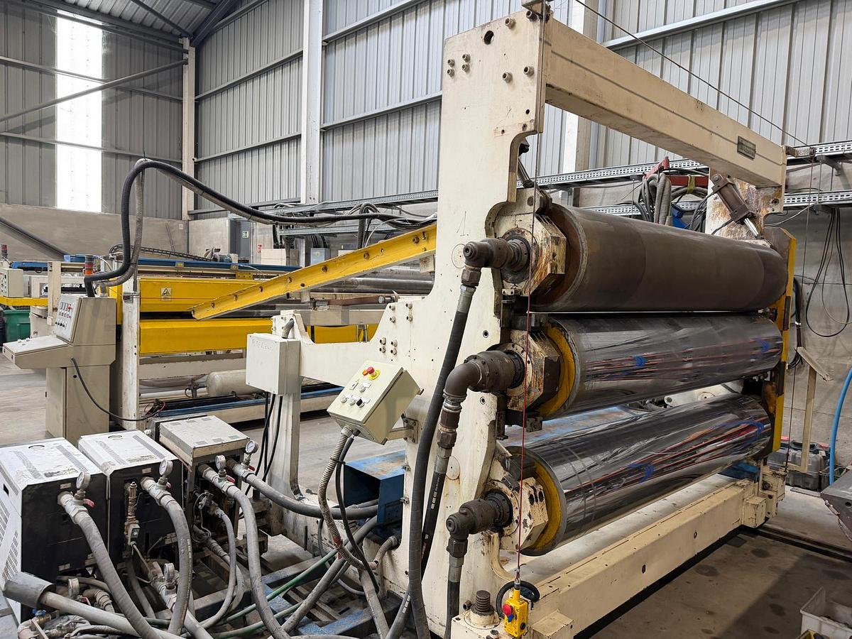 Used 2300mm wide Welex Italproducts sheet line. 120mm extruder, with gear pump and 2300mm die head. 2300mm calender, haul off cross cut saw.