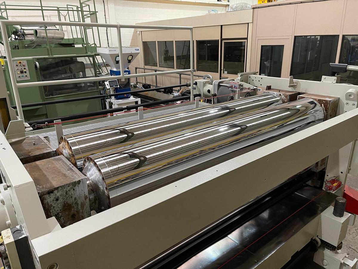 Used 1850mm wide Breyer 3 Roll Polishing Stack. 300mm diameter. Individual roll drives with planetary gearboxes. 6 x Spare rolls ( 5 chrome + 1 Matt). 3kw ac motors
