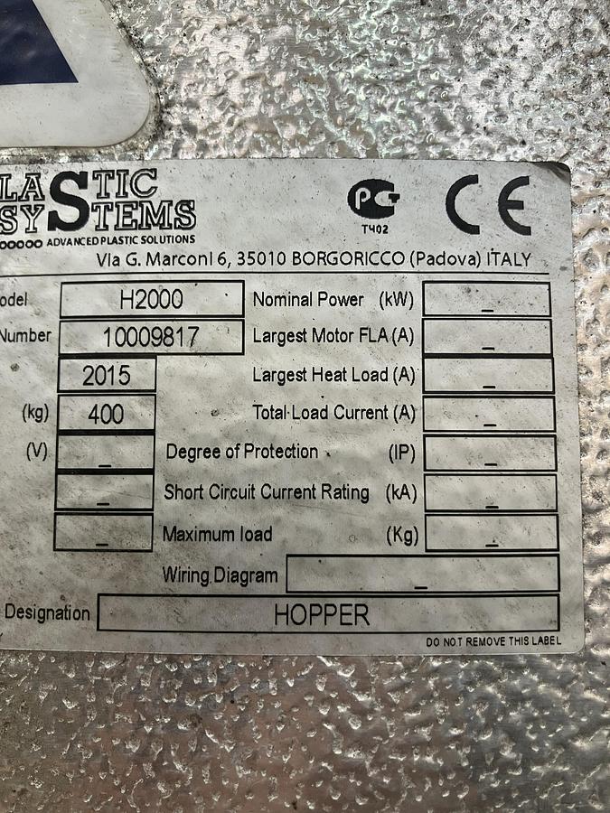 Used 2000 litre Plastic Systems insulated hopper model H2000 with Desiccant dryer model HBD27. 2015