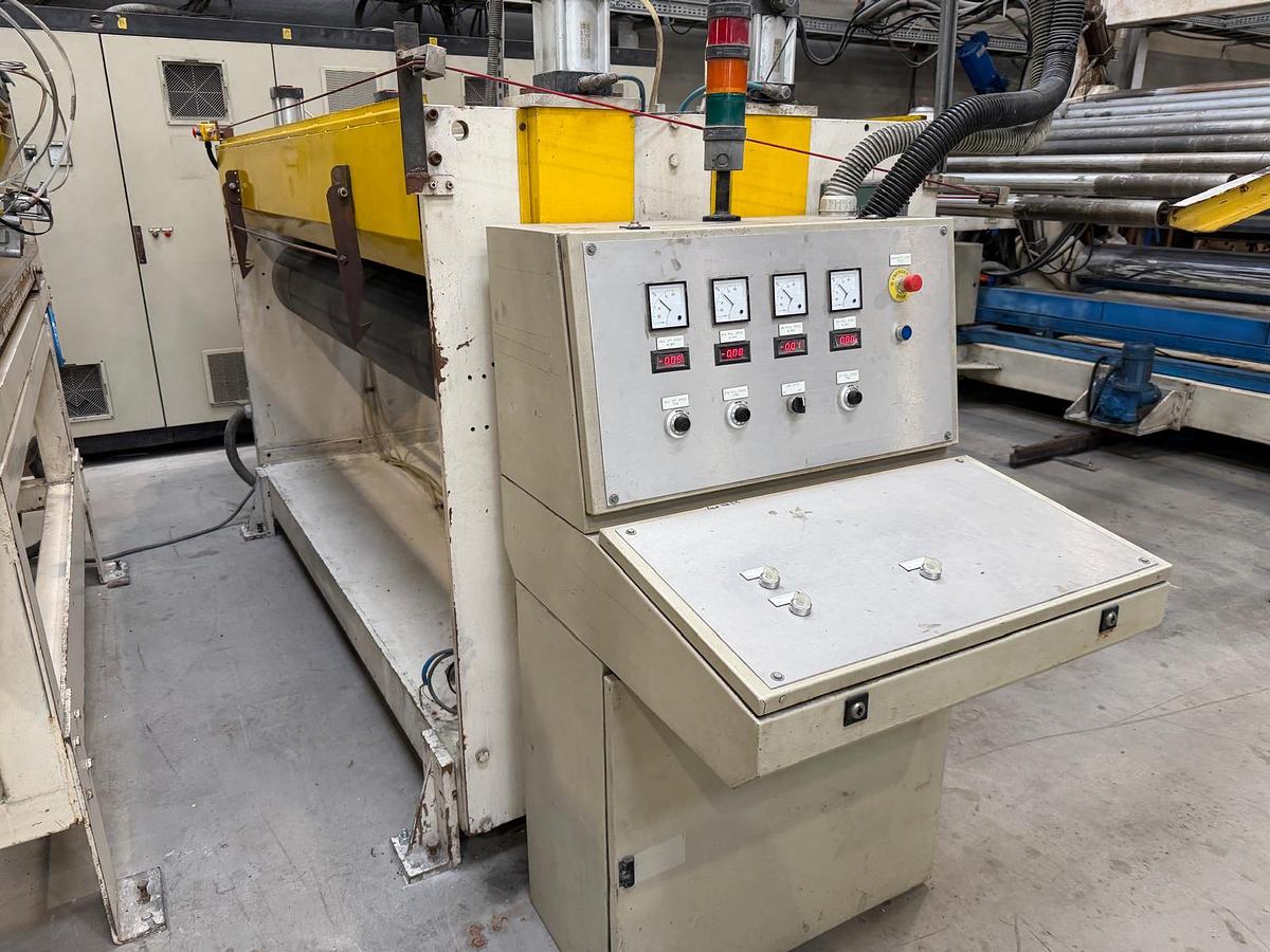 Used 2300mm wide Welex Italproducts sheet line. 120mm extruder, with gear pump and 2300mm die head. 2300mm calender, haul off cross cut saw.