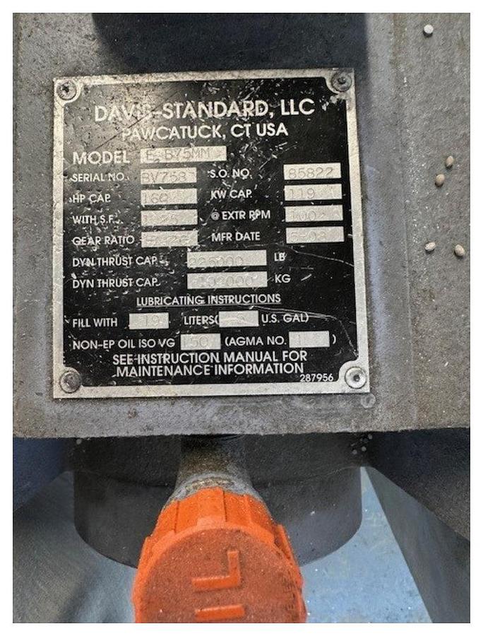 Used 75mm Davis Standard Euro Blue II single screw extruder with 50hp AC motor with invertor. 25D. Non vented 2008