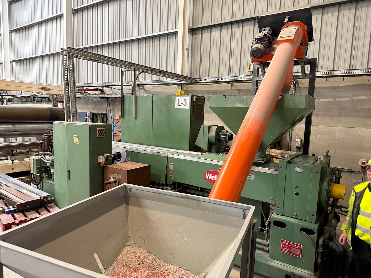 Used 2300mm wide Welex Italproducts sheet line. 120mm extruder, with gear pump and 2300mm die head. 2300mm calender, haul off cross cut saw.