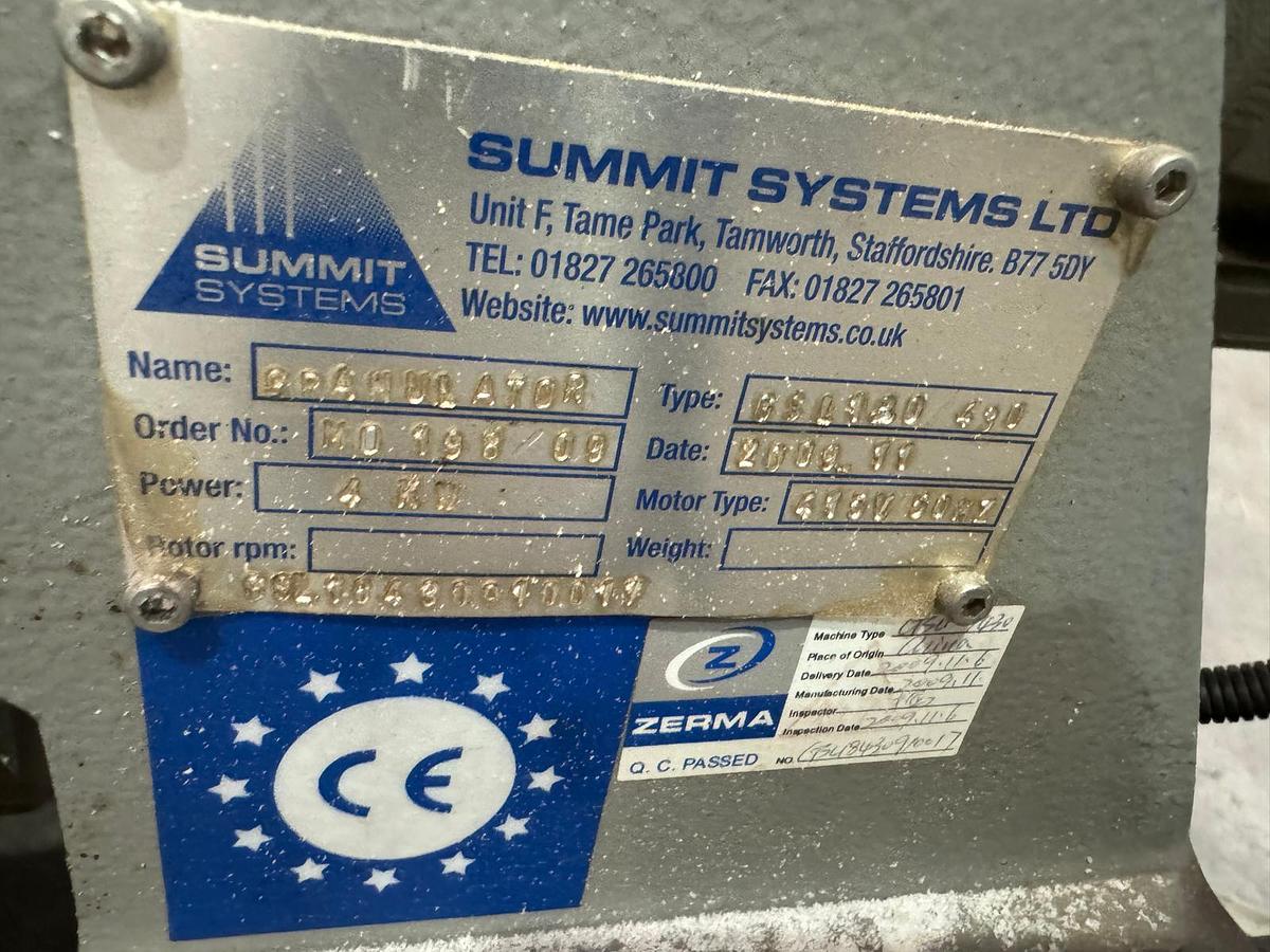 Used 350mm x 150mm wide Summit small granulator with hood. Mounted on wheels. 2009