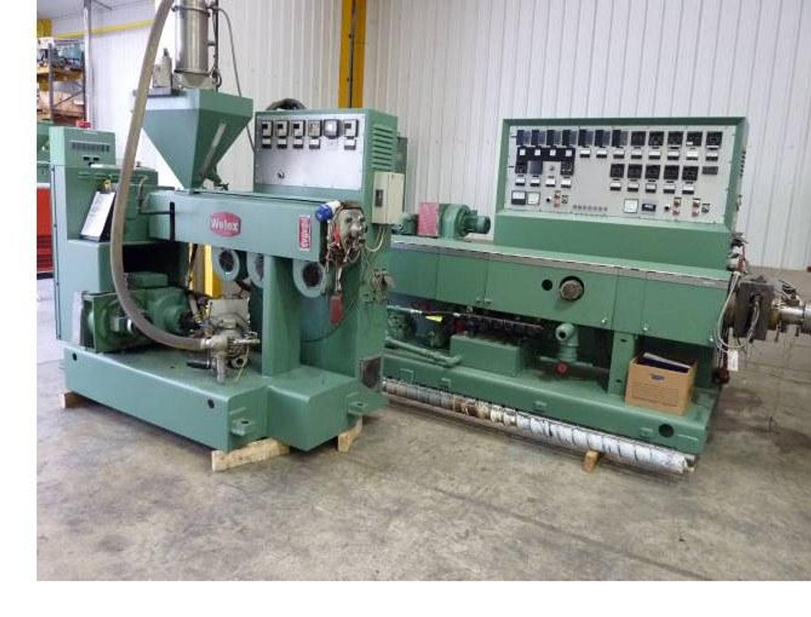 Used 1650mm Welex extrusion line, 90mm Welex extruder, Gear pump, 1500mm die, 1650mm 3 roll vertical stack, pump group, haul off, Guillotine or winder