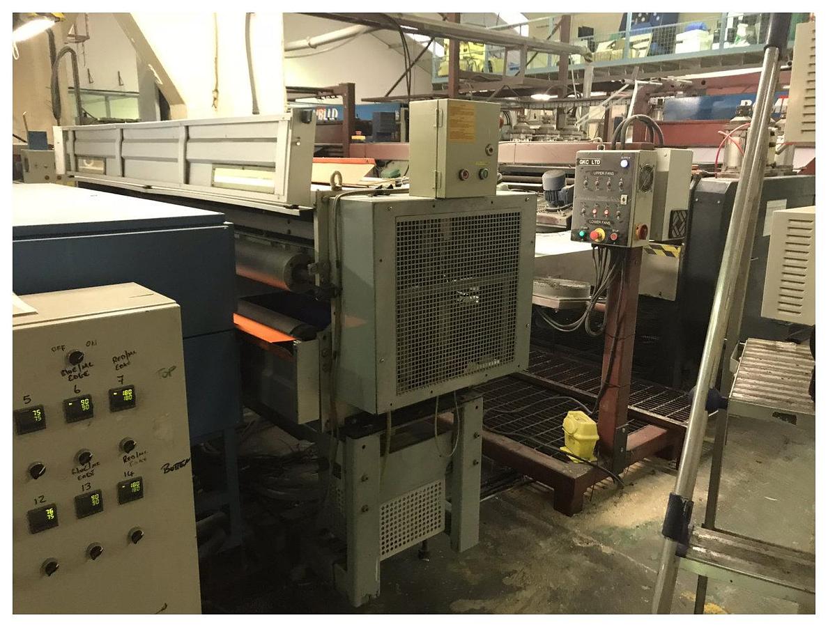 Used 1250mm Wide Kweenb Rossi Stampi twinwall PP Line; 120mm Extruder, G/pump, Die, Calibrator, hauloff, Oven, H/Off, Treater, Nip Roll, Guillotine, Grinder.Yr2007