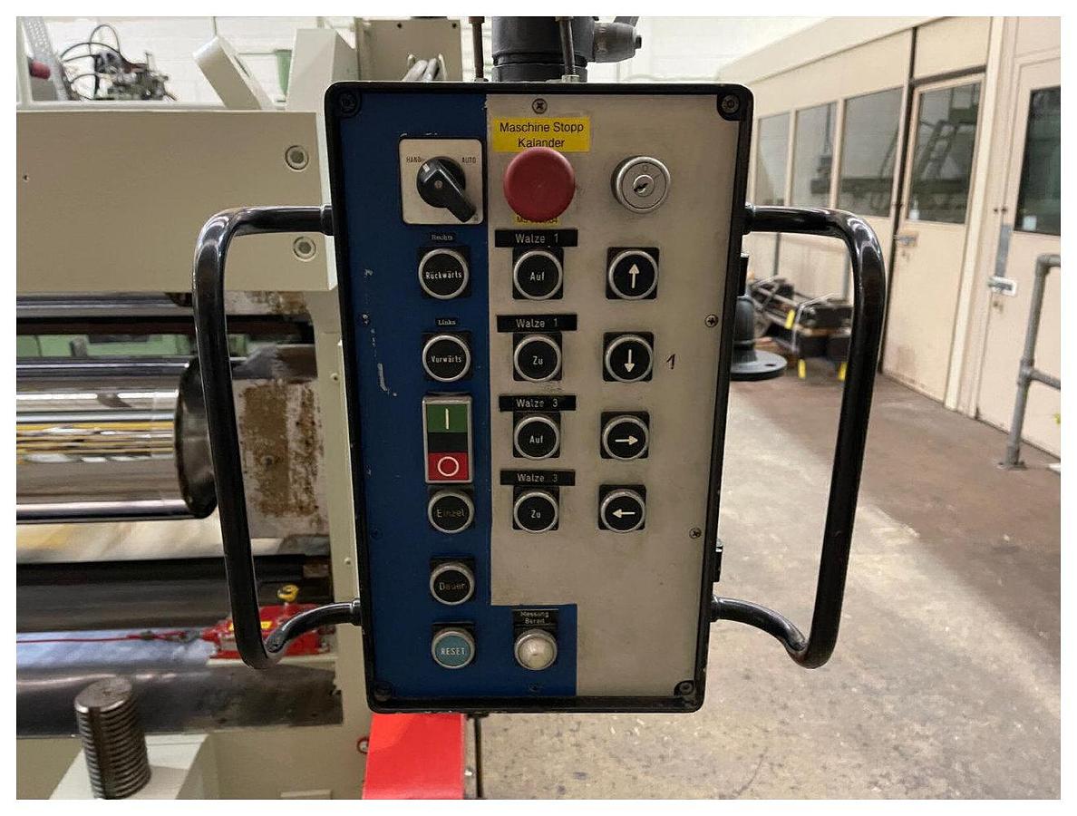 Used 1850mm wide Breyer 3 Roll Polishing Stack. 300mm diameter. Individual roll drives with planetary gearboxes. 6 x Spare rolls ( 5 chrome + 1 Matt). 3kw ac motors