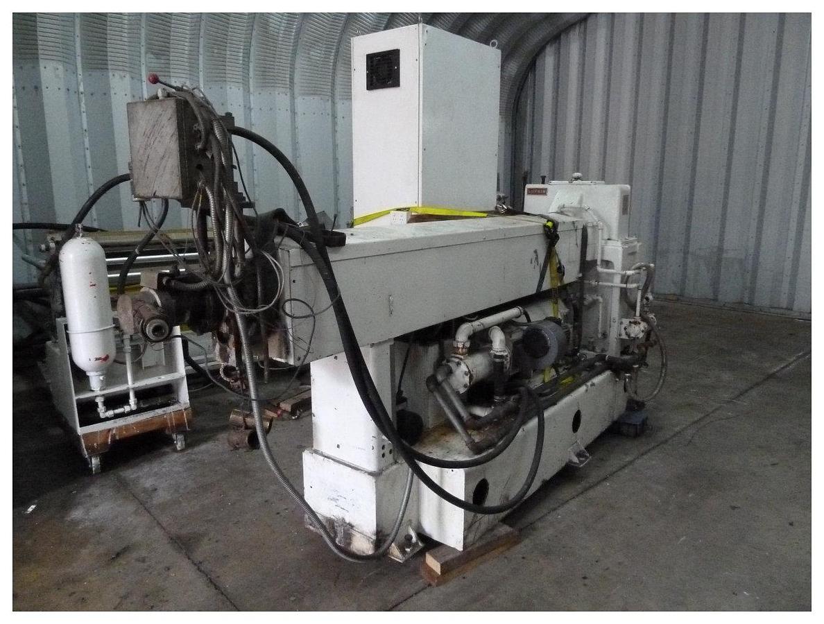 Used 63mm Welex Coextruder, Model 25V, 30D vented and plugged, approx 50HP DC motor, Modernised control panel