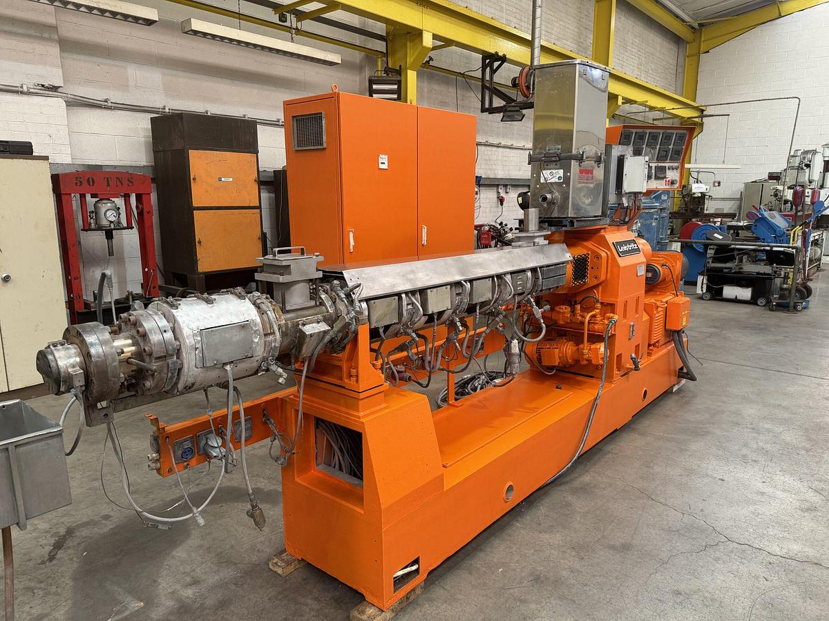 Used 67mm Leistritz Model ZSE67 GL 34D Twin Screw Extruder. 75kw Motor 300 Rpm Max Screw Speed. Double Vented With Control Panel. 1993