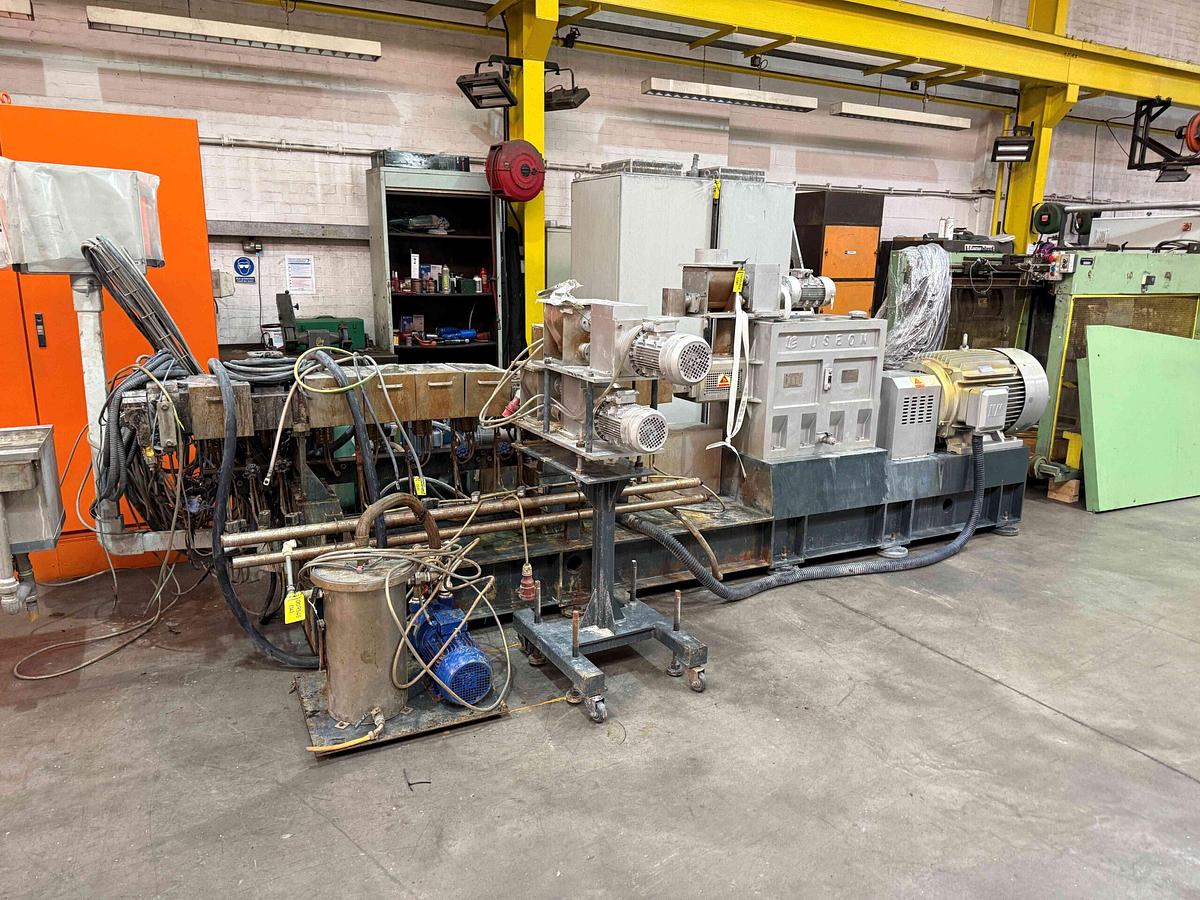 Used 52mm Useon Twin Screw Extruder 600rpm 90kw ac motor side feed/vent , S/Changer, strand die, Water Bath. Air Knife Lingod Pelletiser, Classifier. 2016