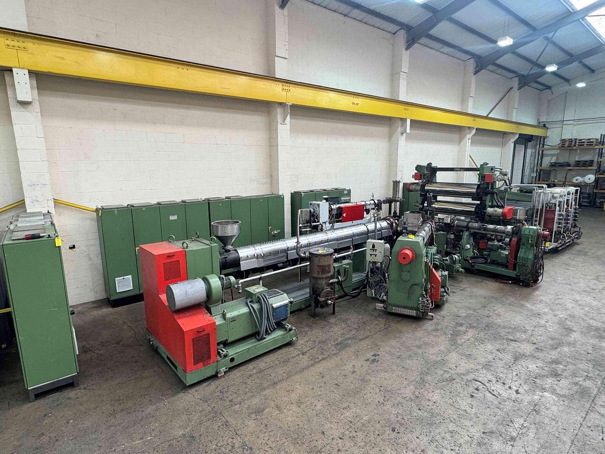 Used 1800mm Wide Kuhne Coextrusion Sheet Line. 150mm, 70mm, 45mm Extruders, Edi Die, 1800mm X 500mm Diameter Roll Stack, Haul Off Guillotine 1995